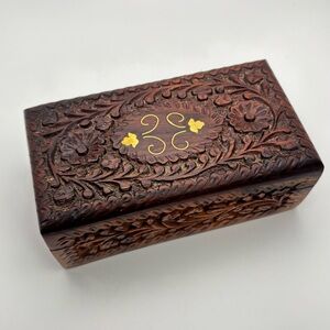 Vintage Hand Carved Wood Floral Design Jewelry Trinket Box Brass Inlay